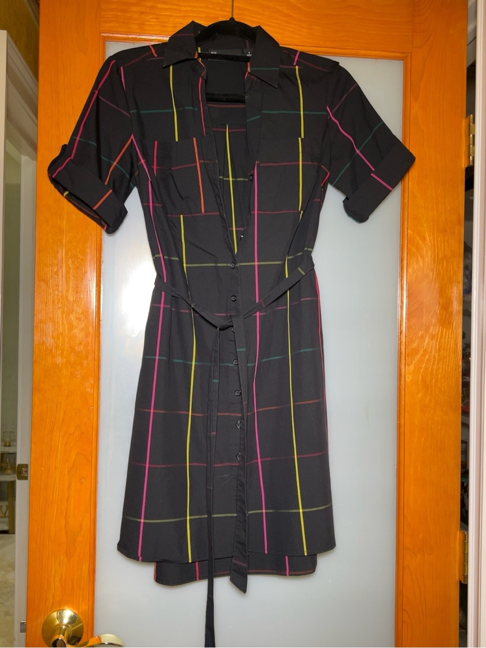 New York & Company Black Windowpane Shirt Dress | Size Small | Belted